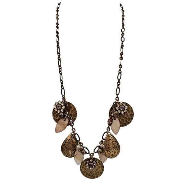 Liz Palacios Hammered Disc Copper Pearls, Pink Crystal, Rhinestone Necklace L470 - Picture 1 of 8